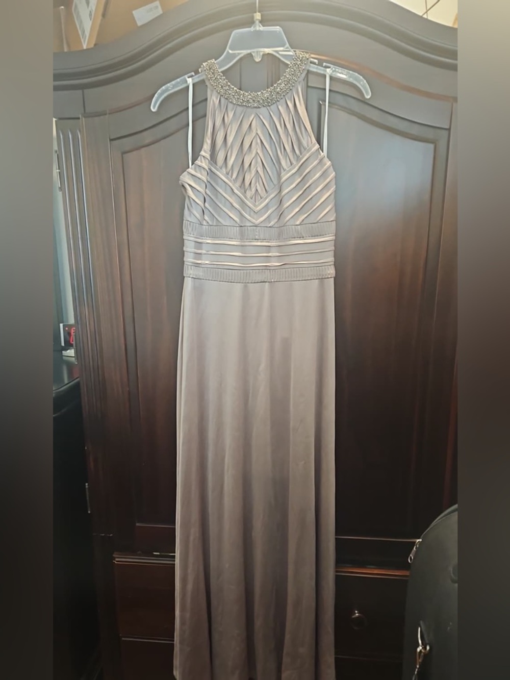 Calvin Klein Pleated Taupe Evening Dress with Beaded Collar